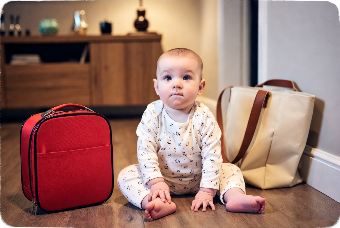 Baby sitzt vor einem Reisekoffer und ist bereit fuer unterwegs